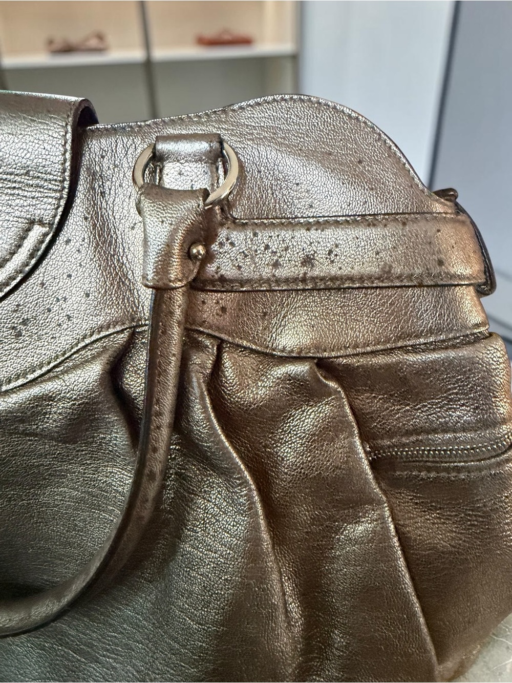 Salvatore Ferragamo Gancini Metallic Pewter Leather Satchel w/COA AS IS Project - Picture 4 of 8